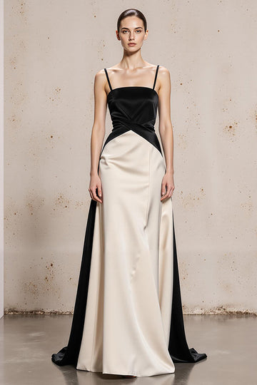 Zwart Wit Spaghetti Bandjes A Line Satijnen Lange Formele Jurk